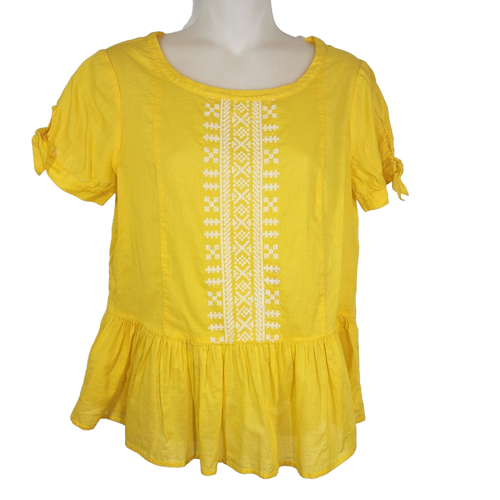 J. Crew Women's Top Size 2 Embroidered Peplum Tie Short Sleeve Yellow Popover